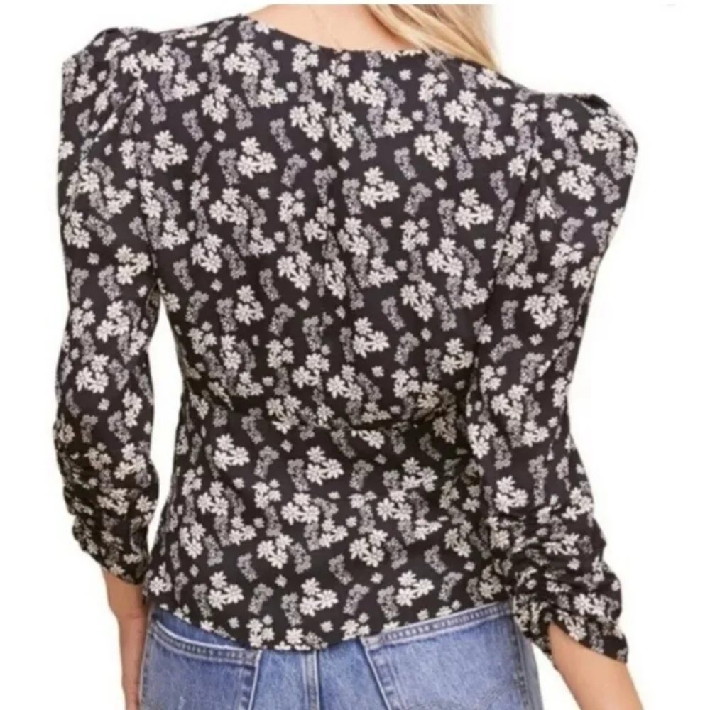 Astr The Label Floral Ditsy Shirred Puff Sleeve Blouse Top Black White Size Sm.
